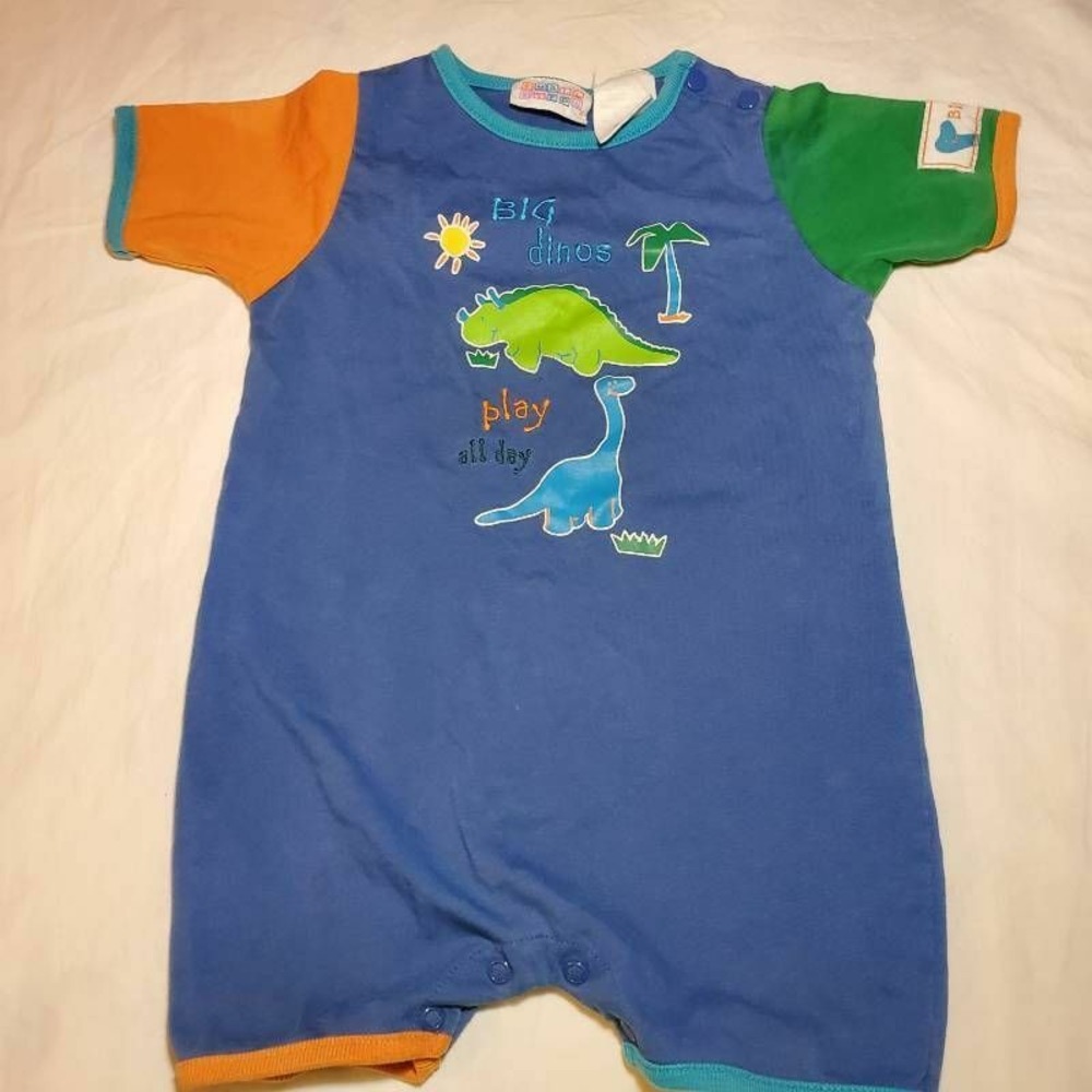Small Steps Baby Romper Blue Orange Colorblock Big Dinos Crew Neck Button 24 Mo